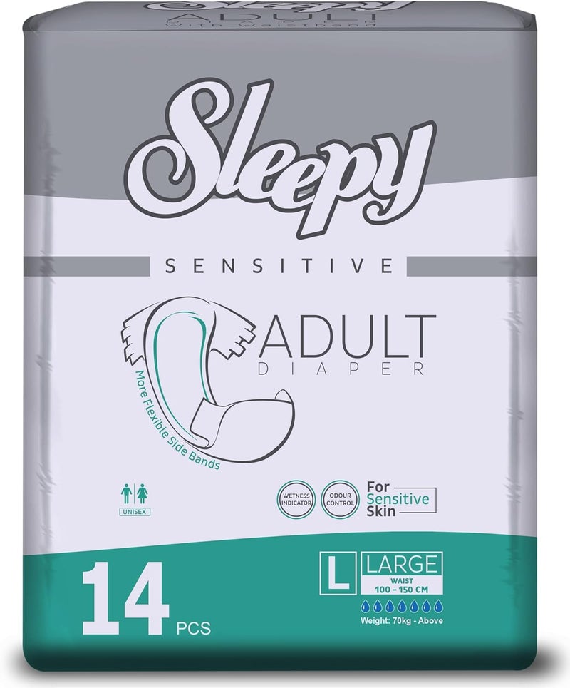 Sleepy Hypoallergenic 14 Adult Diapers | Size - Large | Unisex Diapers for Sensitive Skin | Odour Control Diapers | Wetness Indicator Comfortable & Adjustable | 100-150cm - Image 1